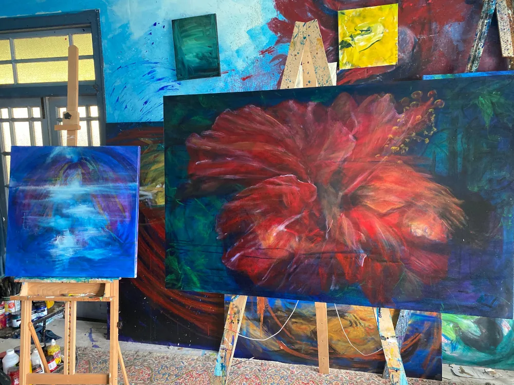 Billy Shannon in his studio with commissioned works, 2020
